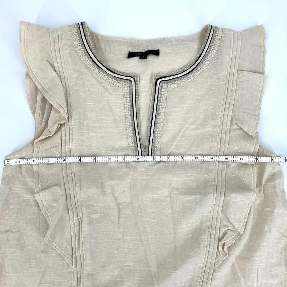 FRYE Ruffle Sleeveless Top Split V Neck Size M Oatmeal